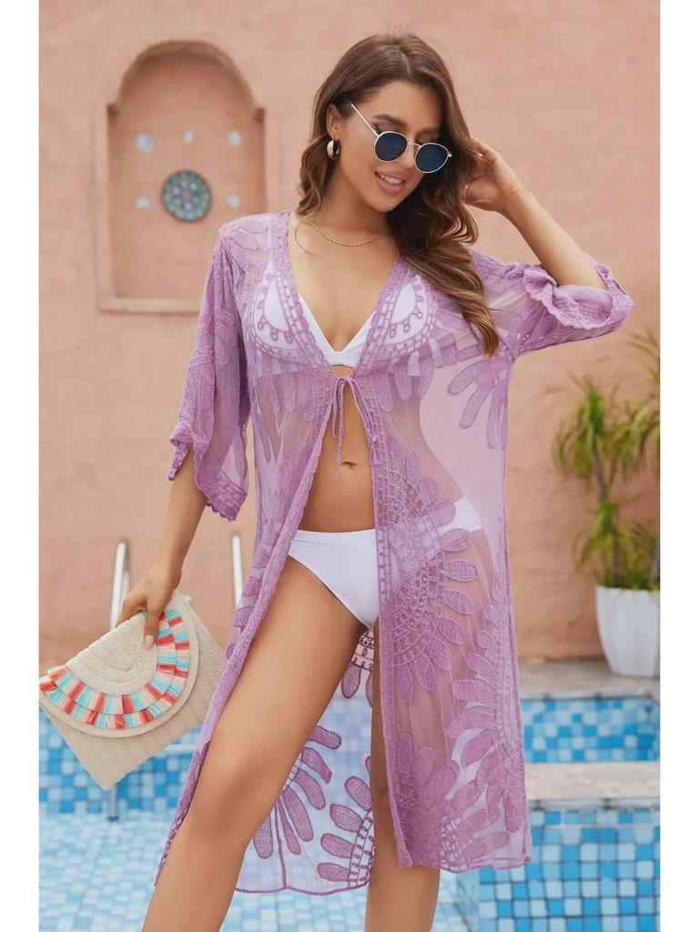 Sunflower Lace Embroidered Bikini Cover-Up Cardigan