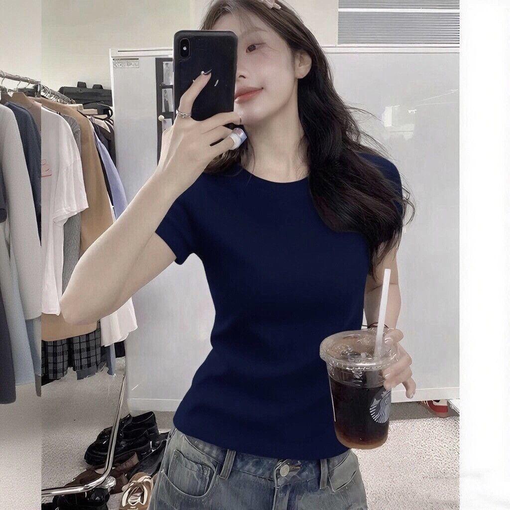 American Summer T-shirt Women's Shoulder Short Sleeves Summer Thin Round Neck Short Cotton Slim Fit Sweet and Spicy Tight Top
