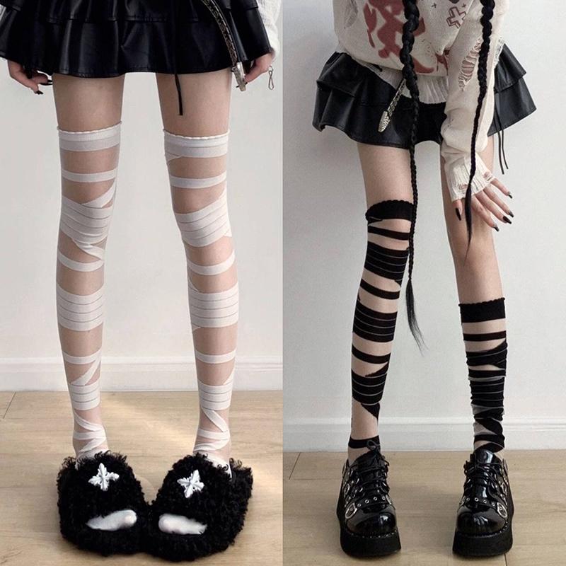 Ultradünne Damen Spicy Girl Bandage Streifen Lange Strümpfe Weiblich Japanische Lolita Jk Y2k Sexy Sommer Kreuz Tube Weiße Strümpfe