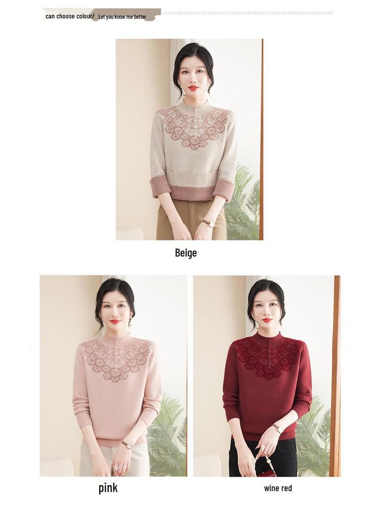 Mom's Autumn/Winter Fleece Sweater: Semi-High Neck, Thickened One-Piece Top for Middle-Aged & Elderly Women