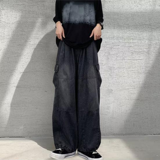 Pánské volné cargo džíny s mnoha kapsami, jednobarevné, zapínání na zip, volné, rovné, široké nohavice, podzimní džínové kalhoty, streetwear