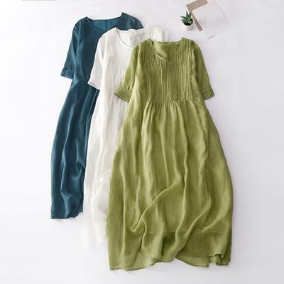 Damen Sommerkleid Plissiert Kurzärmlig V-Ausschnitt Einfarbig A-Linien-Kleid Doppellagiges Midi-Kleid