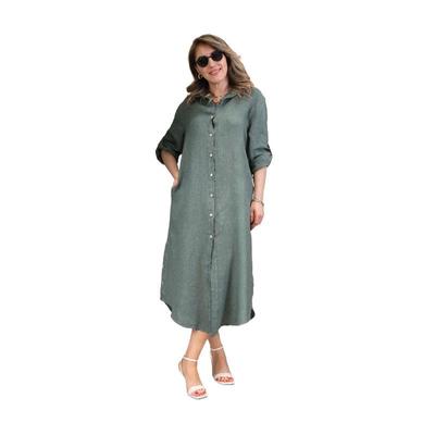 Plus Size Linen Button-Down Dress with Lace Cutout - European & American Style Casual