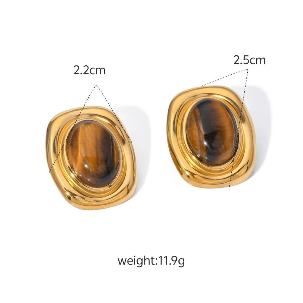 Titanium Steel Tiger's Eye Stone Stud Earrings Light Luxury High-end Autumn and Winter Earrings Do Not Fade 18k Gold Titanium Steel Jewelry 2026