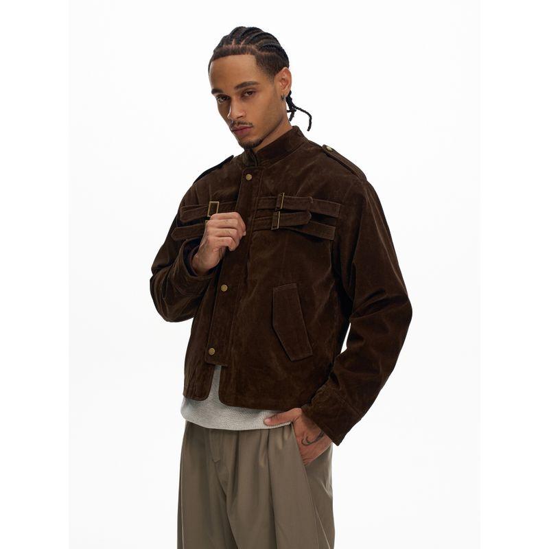 Kisko American-Style Cleanfit Faux Suede Stand-Up Collar Jacket for Men and Women, Autumn and Winter, Cool and Stylish Design, Short and Loose Coat