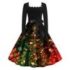 Women's Fashion Retro Long-sleeved Square Collar Christmas Printed Evening Dress
