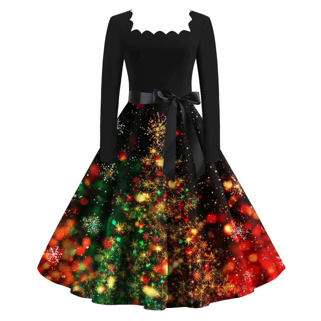 Women's Fashion Retro Long-sleeved Square Collar Christmas Printed Evening Dress