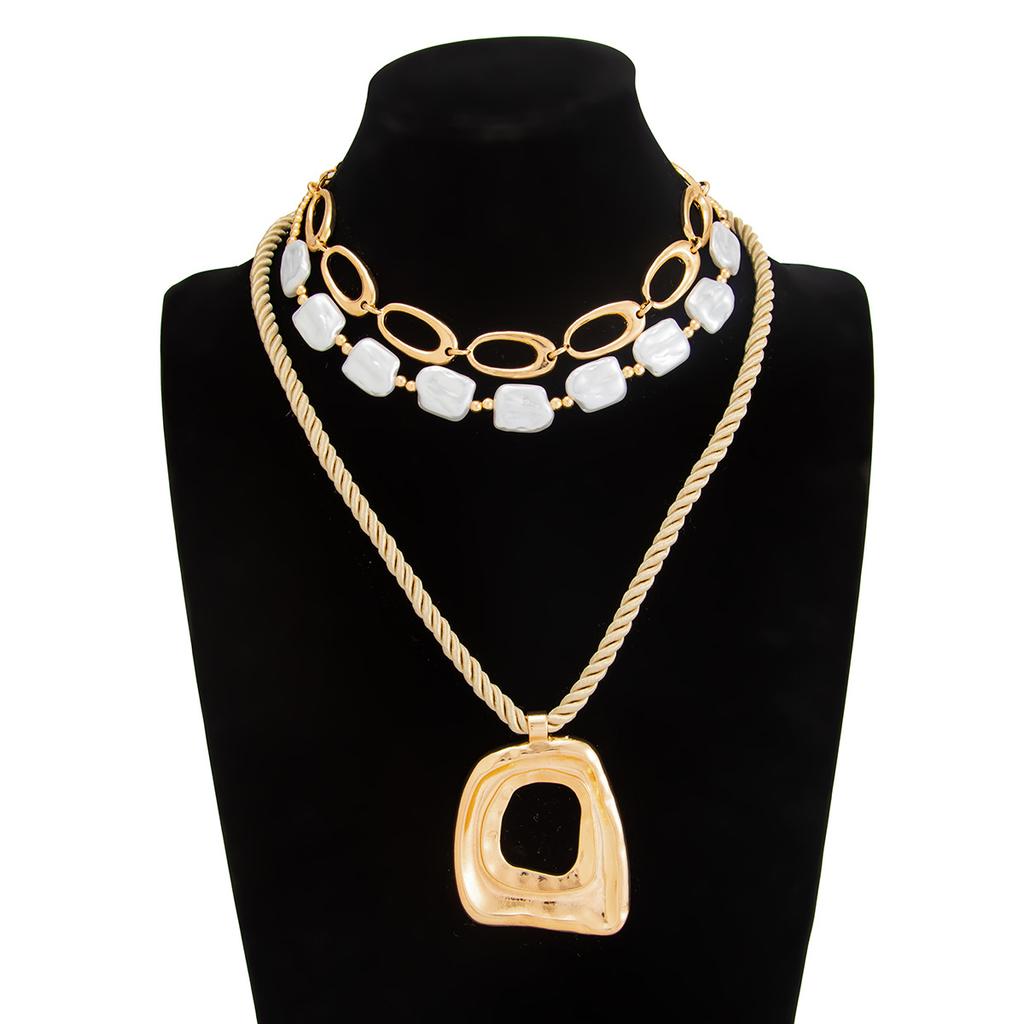 Metal Cross Irregular Pendant Necklace, Stacked With Baroque Imitation Pearl Beaded Necklace
