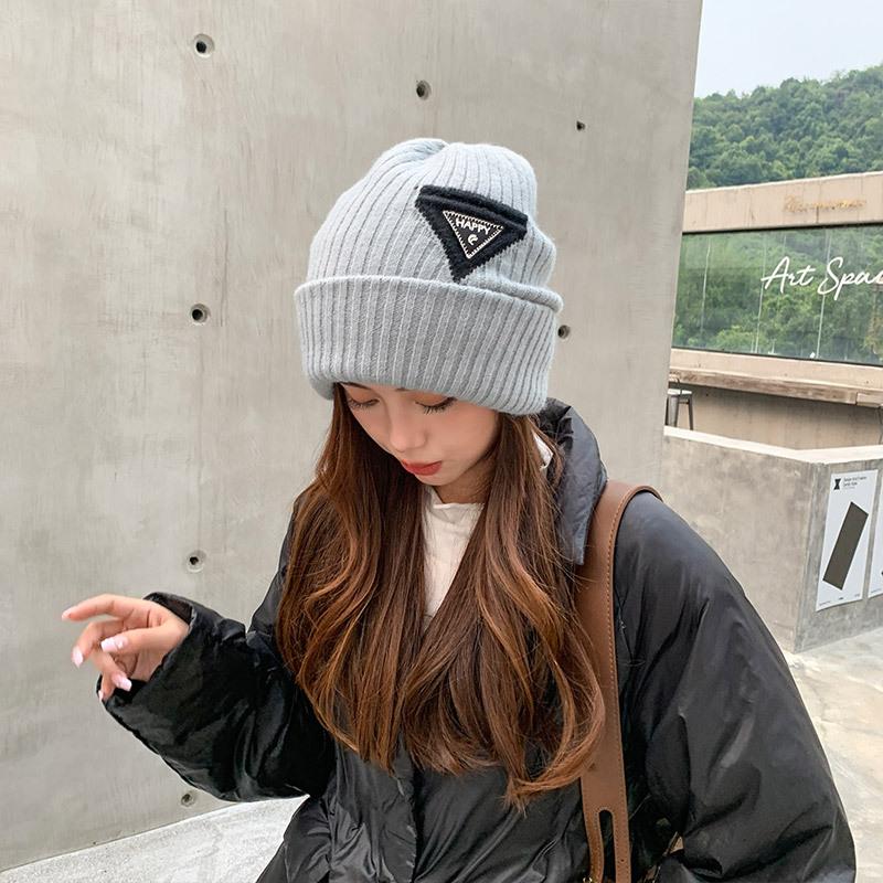 Triangle standard embroidered knitted hat men's and women's casual big head circumference wool hat autumn and winter warm face small hat