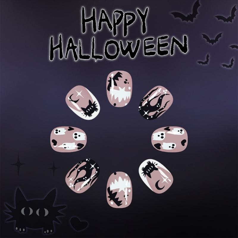 24Pcs Halloween Press On Nail,Almond Fake Nail Bat Acrylic Nail Glossy False Nail Stick On Nail Full Cover Fake Nail