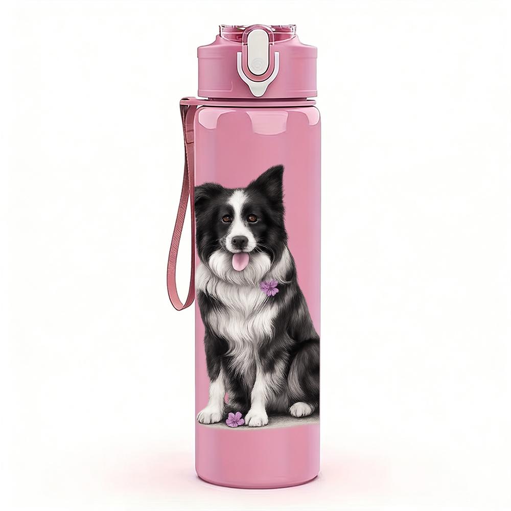 1pz Bustino Floreale Border Collie 750ml Bottiglia d'Acqua in Plastica Colorata Tappo Flip-Top con Cannuccia Anti-Perdita Per Sport Ufficio Uso Domestico