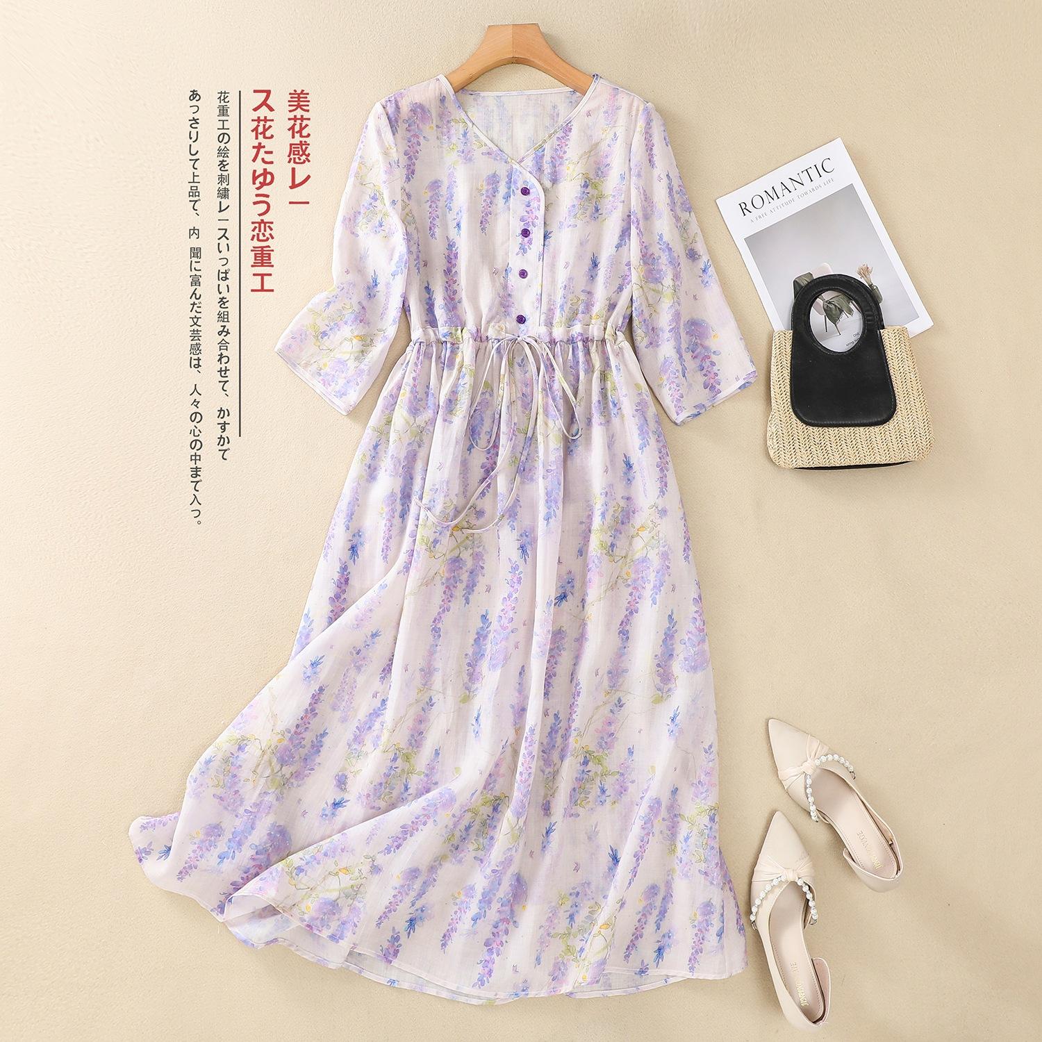 

Жіноча сукня з бавовни та льону з принтом рукава сім чвертей літо 2025 новий темперамент талія тонка квіткова довга спідниця XL