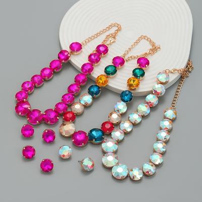Earrings Necklace Combination Set Women's Round Glass Diamond Exaggerated Earrings