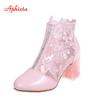 Fashion Aphixta Plus Size 43 Summer Breathable Sandals Boots Women Lace Air Mesh Crystals Transparent Square Heels Back Zipper Boots
