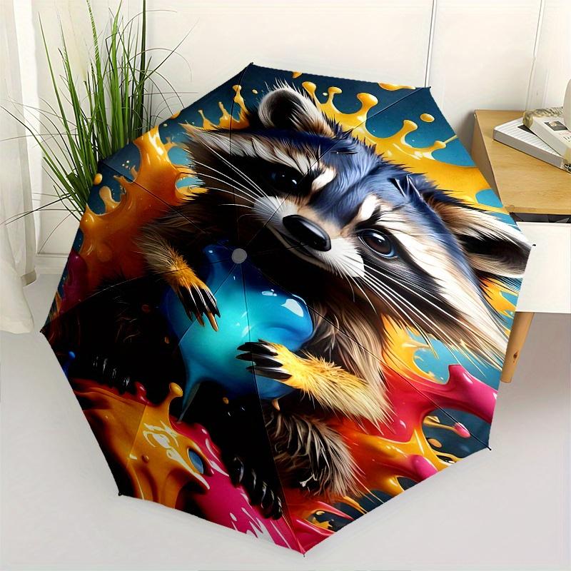 Raccoon Art Theme Automatic Open/Close Umbrella, Portable 3 Fold Compact Umbrella for Men & Women, Valentine's Day Mother's Day Gift0725053