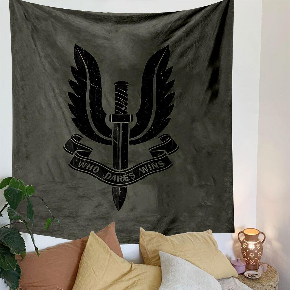 Who Dares Wins SAS Emblem Tapestry Wall Hanging, Special Forces Badge Art, Military Wall Decor for Bedroom Living Room Man Cave
