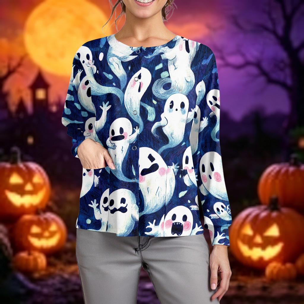 Women's Casual Long Sleeve Button Up Cardigan Halloween Print Lightweight Pullover Sweater for Caregivers and Everyday Wear