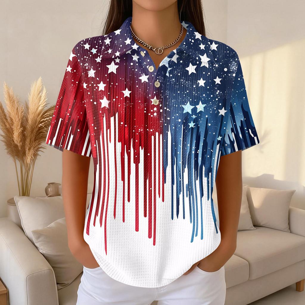 Women’s Casual Short Sleeve Knit Polo Shirt with Button Front and Independence Day Print for Everyday Wear