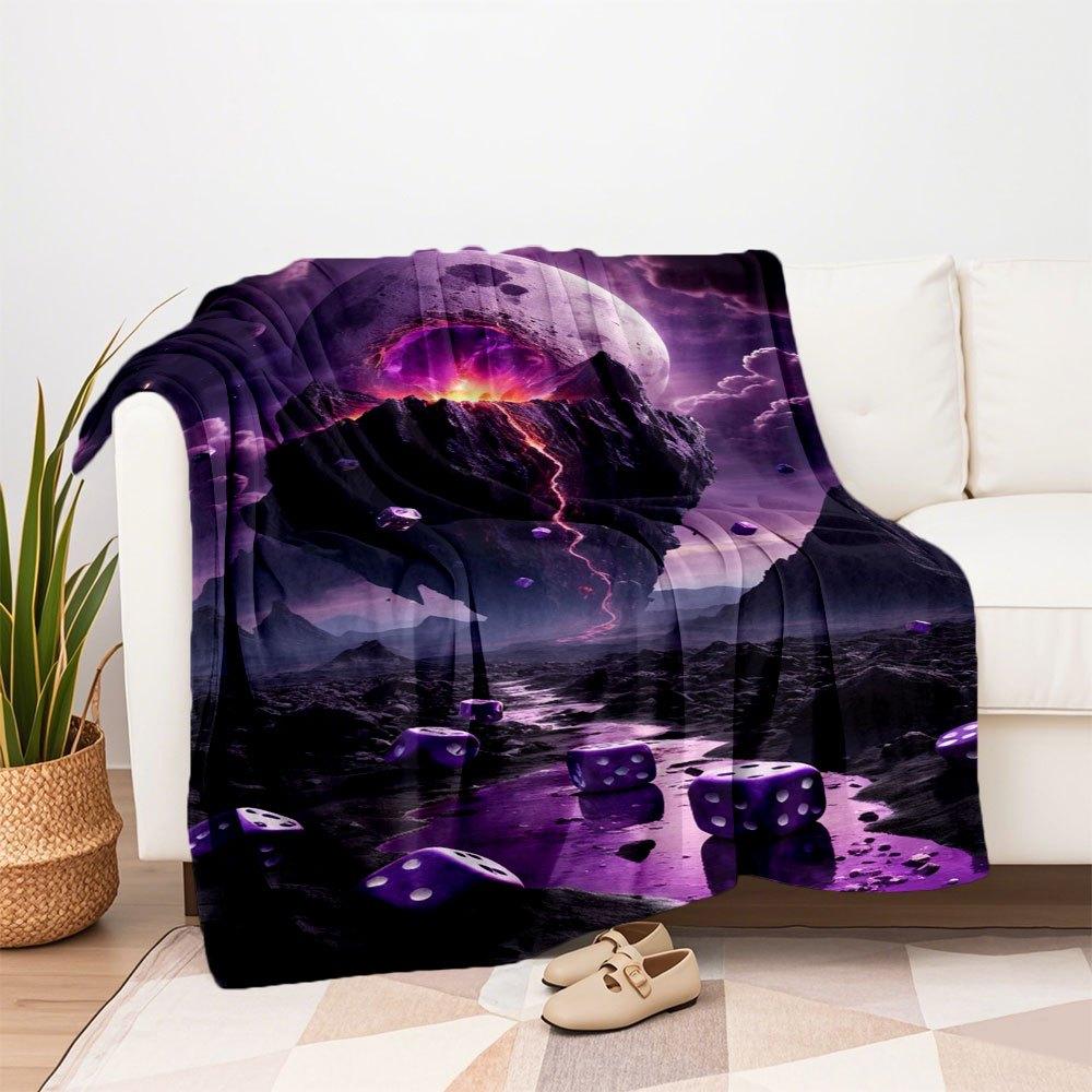 Purple Dice Fantasy Landscape Wall Art PrintBlanket Flannel Throw Blanket for Sofa, Bed, Travel, Camping, Office
