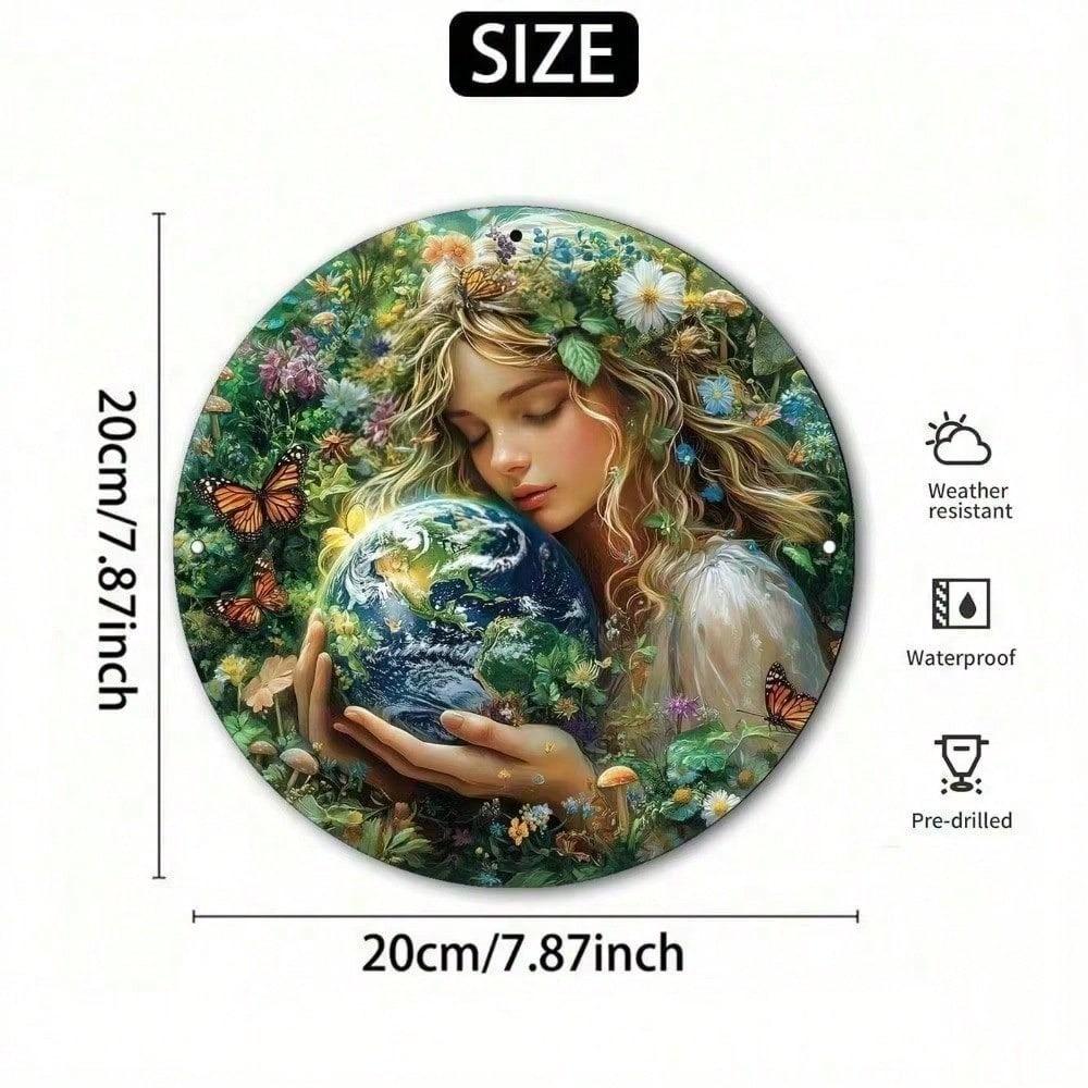Vintage Round Metal Wall Art Earth Tone Floral Butterfly Girl Decor for Home Living Room Bedroom