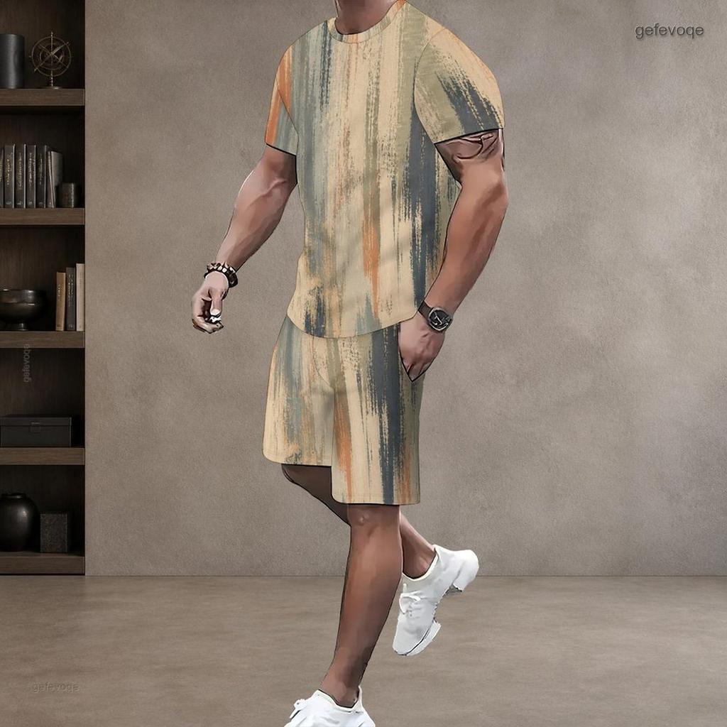Men Plus Size Round Neck Short Sleeve Yellow Brown Red Printed Tie Dye Two Piece Shorts Set