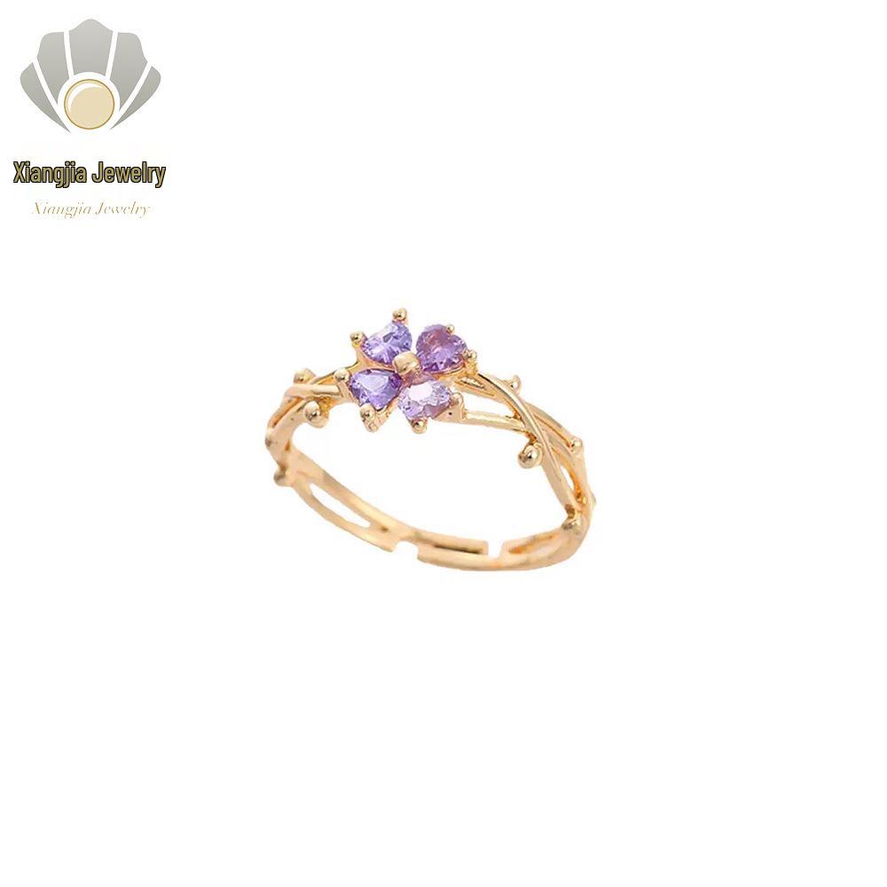 Фиолетовое Четырехлистное Клеверное Кольцо с Цирконами, Регулируемое - Стильное Модное Заявление для Женщин