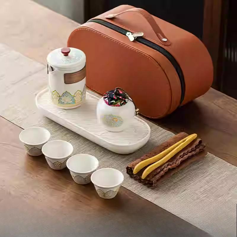 Outdoor Travel Tea Set Home One Pot Four Cups Portable Storage Bag Ceramic Quick Cup Brewing Teapot Tea Cups