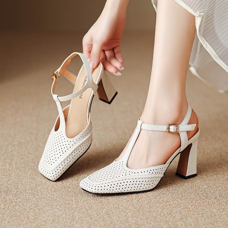 Krazing Pot Sheepskin Square Toe Size 41 High Heels Hollow Out Decoration Super High Heels Breathable Autumn Pumps