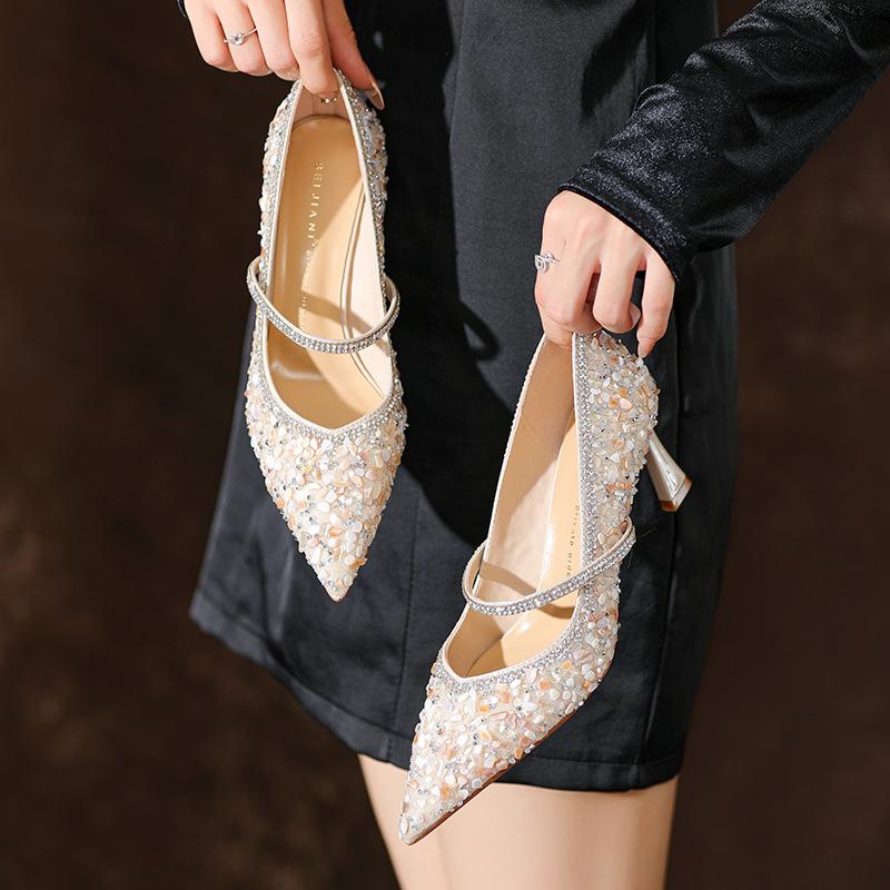 Sheepskin rhinestone shell high heels women's pointed toes stiletto bridesmaids wedding dress bride wedding shoes one word with single shoes