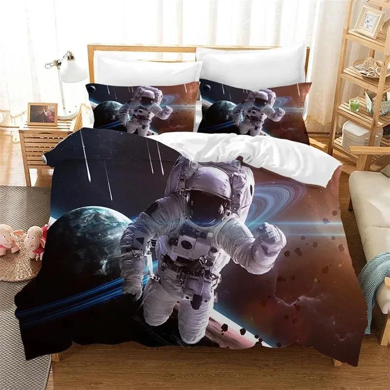 New Cartoon Astronaut Duvet Cover King Galaxy Space Bedding Set Microfiber Rocket Ship Space Adventure Comforter Cover