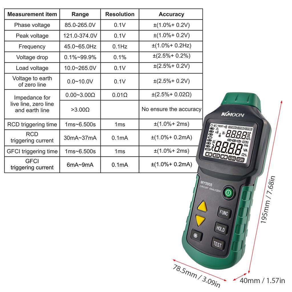Kkmoon Analyseur de circuit à rétroéclairage LCD numérique MY5908 True RMS AC Tension RCD GFCI Testeur électrique