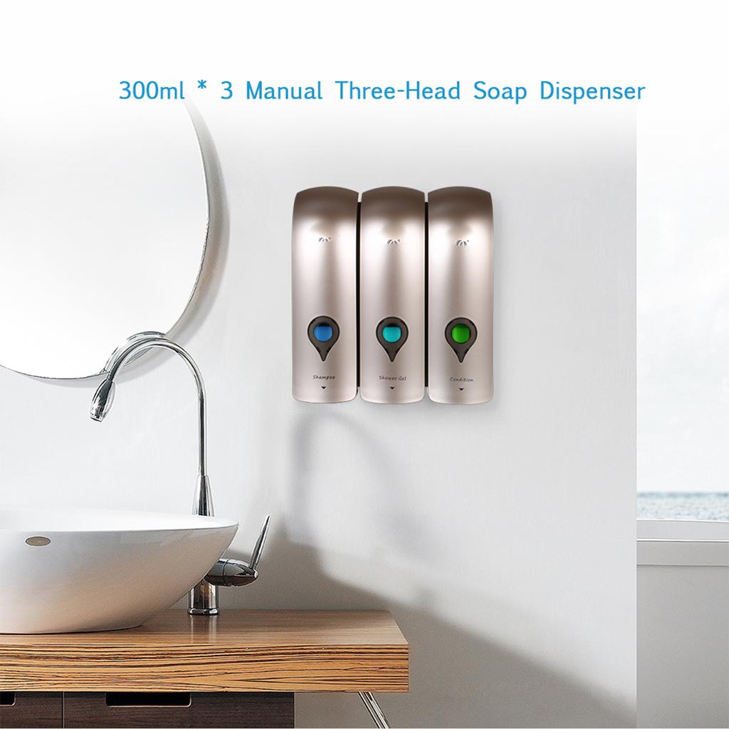 Manual Soap Dispenser 3 Chamber X 300mlCelsius 10.2oz Wall Mounted Liquid Shampoo Box Shower Gel Hand Soap Dispensers for Kitchen Bathroom