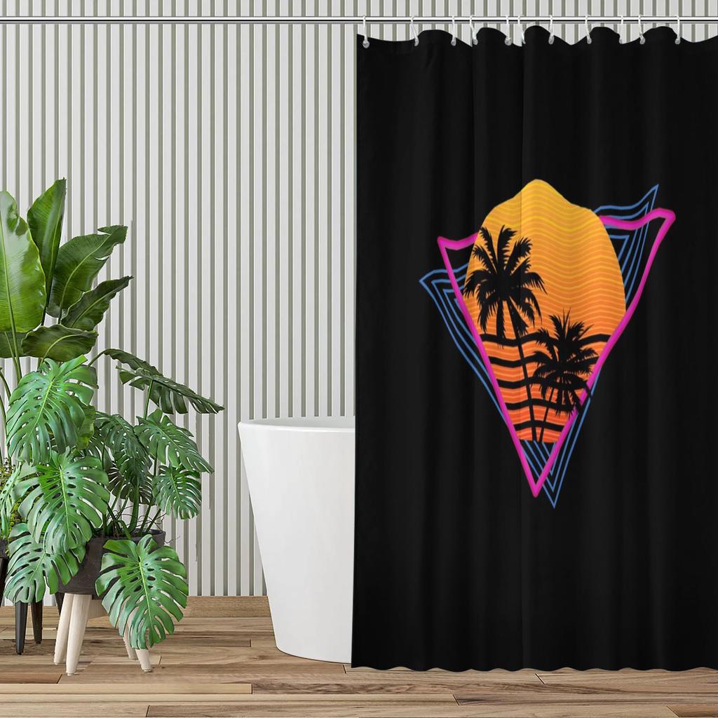 Retro 80S Synthwave Shower Curtain – Neon Palm Tree Design, Pink Cyan Black, Machine Washable, Hooks Included