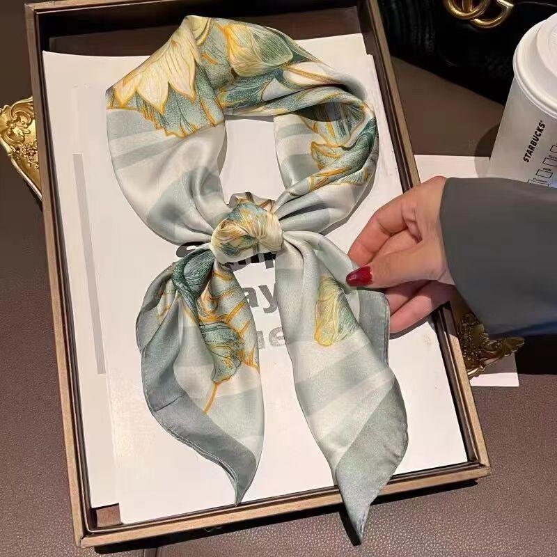 High-End Women's Lightweight Silk Square Scarf - Temperament Print Neckerchief for Neck Protection and Decoration.