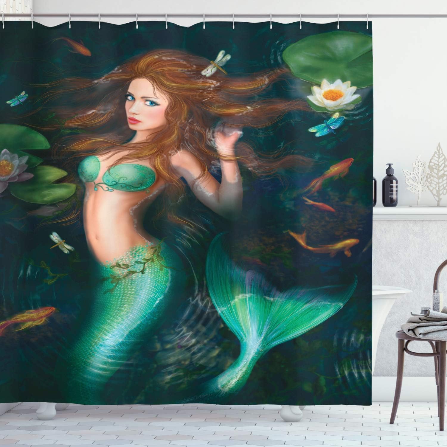

Mermaid Shower Curtain Fantasy Underwater Art Waterproof Bath Decor Magical Sea Life Design For Kids Girls Bathroom Theme Home W60H190(CM)-1 Pcs