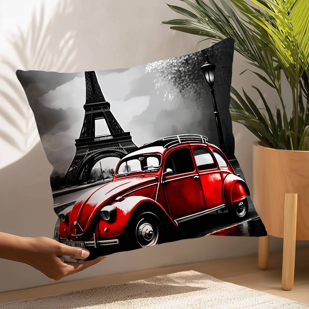 Urban Bus Car London Sreet Eiffel Tower Pillow Case Sofa Decorative Home Double-Sided Printing Short Plush Cushion Pillow Cover