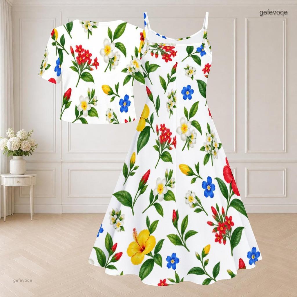 Women Plus Size Two Piece Dress Set V Neck Short Sleeve Leaf Printed Tie Front Strappy Flared Dress