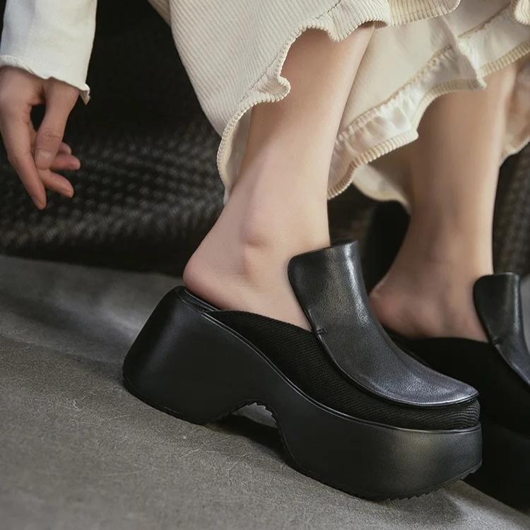 Johnature Height Increasing Outdoor Platform Slippers Genuine Leather Round Toe Thick Soled Women's Shoes