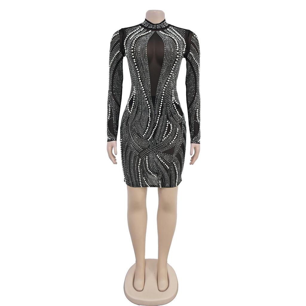 Abito da donna trasparente in rete con strass e perline - Stile europeo americano