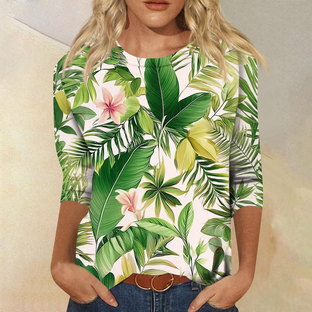 Women's Fashionable Casual Round Neck Three-Quarter Sleeve Printed T-Shirt Top