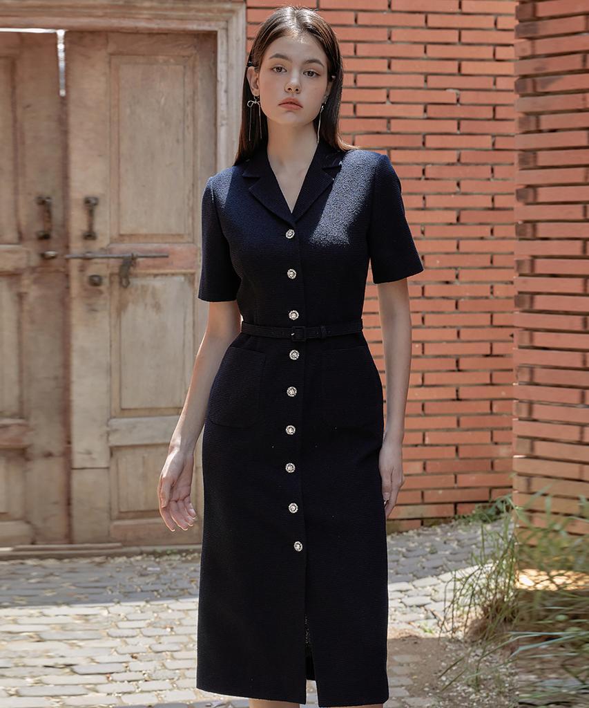 Julie And Kara 24Ss Collar 89 Secret Garden Long Queen Tweed Dress Navy