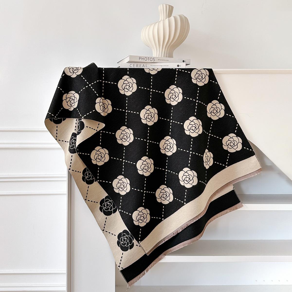 

Зимний маленький аромат снаружи с универсальным шарфом-шалью из искусственного кашемира с имитацией камелии, женский длинный универсальный теплый шарф 185x65cm чёрный