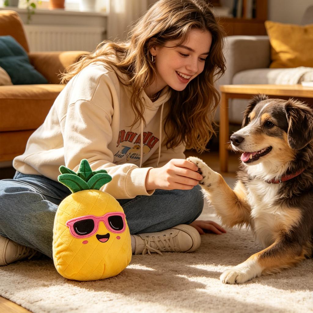 Summer Fruit Squeaky Dog Toys, Cute Plush Watermelon & Pineapple Chew Toys with Crinkle Paper, Interactive Dog Toys for Boredom Relief & Teething