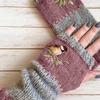 Women Autumn Winter Bird Embroidered Gloves Knit Fingerless Color Block Mitten