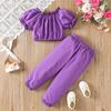 Kids Girls Clothing Set 1-6Y Summer Purple Puff Sleeve Off Shoulder Top with Elastic Waist Long Pants 2 Piece Outfit