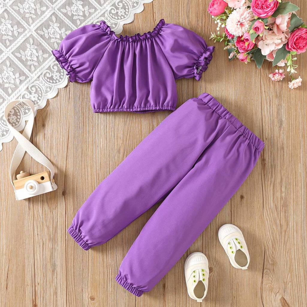 Kids Girls Clothing Set 1-6Y Summer Purple Puff Sleeve Off Shoulder Top with Elastic Waist Long Pants 2 Piece Outfit