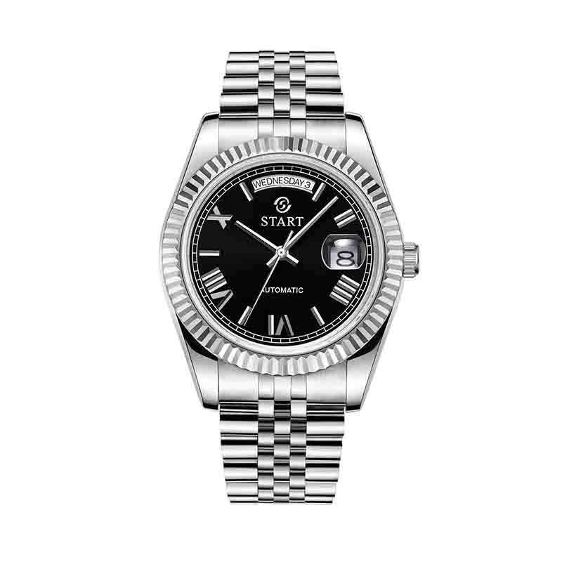 

START-мужские водонепроницаемые часы, автоматические механические часы, римские цифры, металлические часы, дата, неделя, функция 01 серебряный