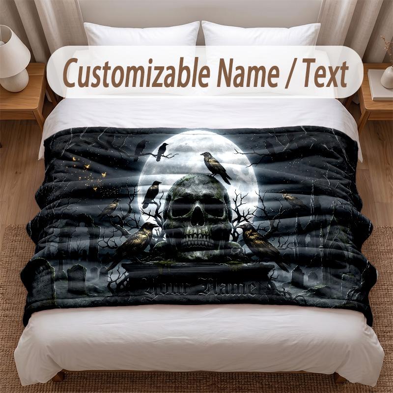 Skull Gothic Theme Soft Blanket Personalized Custom Name Text Print Warm Blanket Home Sofa Bedroom Decor