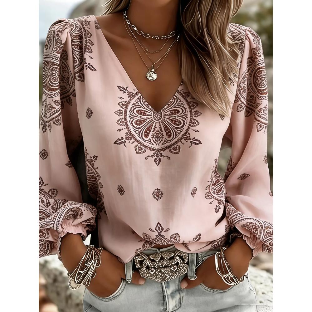 Printed lady's casual retro western style V-neck shirt, retro bohemian blouse, women's lantern sleeve design, Valentine's Day gift