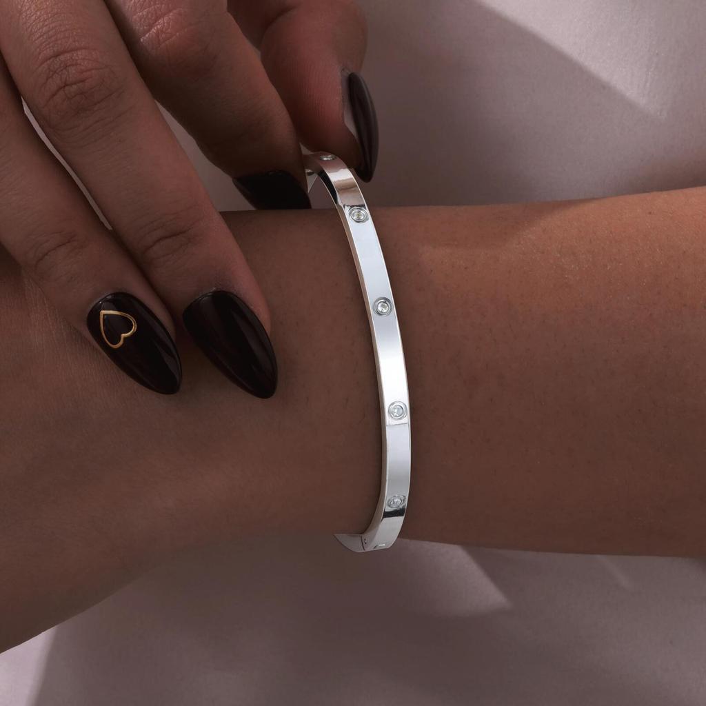 Cubic Zirconia Love Friendship Bracelets,6mm 4mm Women Bangles with CZ Stones, 18K Gold Plated Stainless Steel Jewelry